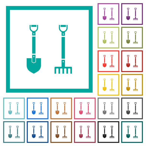 Shovel and rake flat color icons with quadrant frames on white background - Vecteur, image