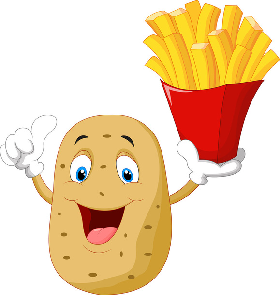 Mignon dessin animé pomme de terre tenant une frites donnent pouce vers le haut
 - Vecteur, image