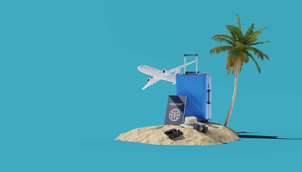 travel background with airplane and palm tree, 3d rendering - Photo, image
