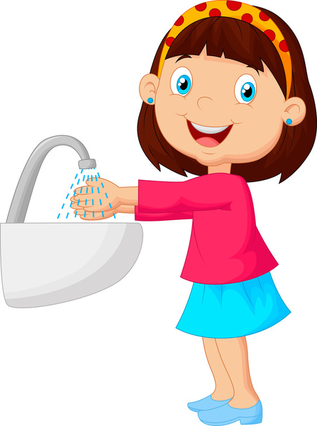 かわいい漫画の女の子が彼女の手を洗う - ベクター画像