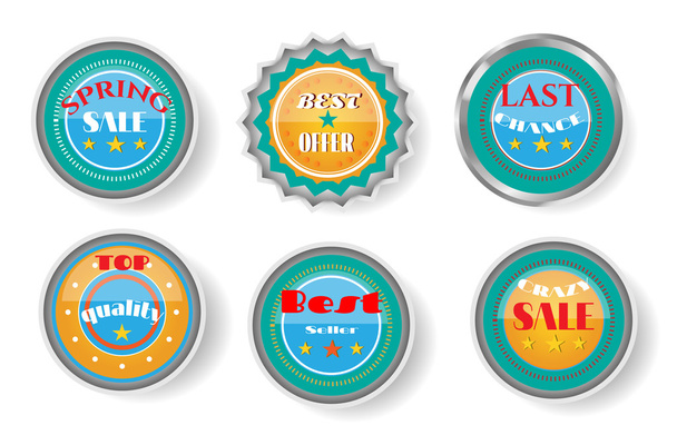 Set of yellow, blue labels with text - Spring Sale, Best Offer, Last Chance, Top Quality, Best Seller, Crazy Sale - Vector, afbeelding