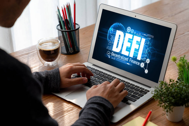 Decentralizált pénzügy vagy DeFi koncepció modish számítógép képernyőn. A defi-rendszer új befektetési és pénzmegtakarítási lehetőségeket kínál . - Fotó, kép