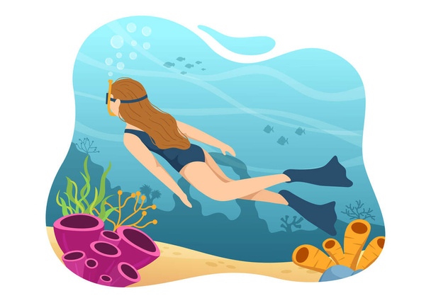 Иллюстрация подводного плавания с подводным плаванием Исследуя море, коралловый риф или рыбу в океане для посадки Страница в мультфильме Ручные рисунки шаблоны - Вектор,изображение