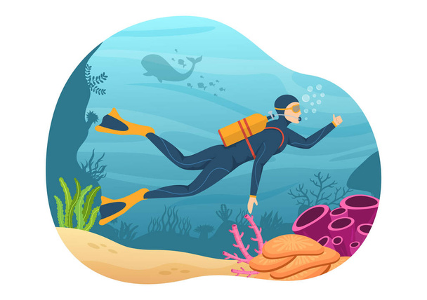 水中水泳探検海、サンゴ礁や漫画の手描きのテンプレートでランディングページのための海の魚とシュノーケリングイラスト - ベクター画像