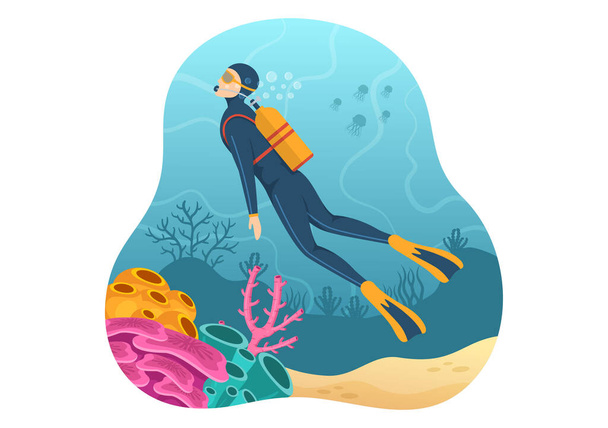 Snorkeling Illustration with Underwater Swimming Exploring Sea, Coral Reef or Fish in the Ocean for Landing Page in Cartoon Hand Drawn Templates - Vektör, Görsel