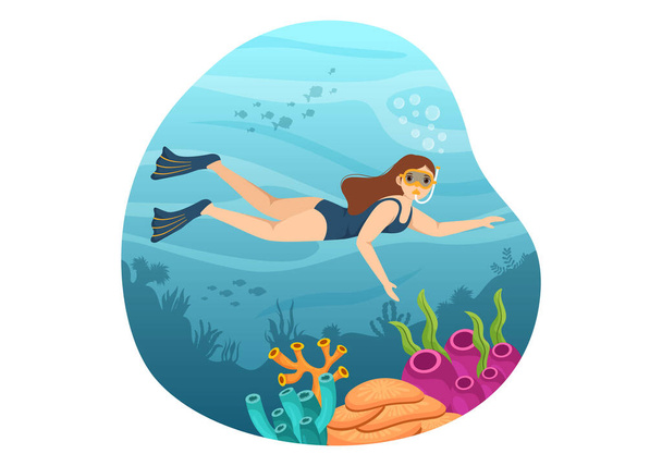 Snorkeling Illustration with Underwater Swimming Exploring Sea, Coral Reef or Fish in the Ocean for Landing Page in Cartoon Hand Drawn Templates - Vetor, Imagem