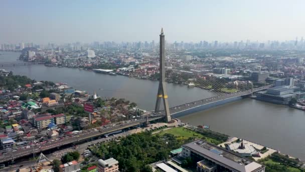 Aerial view of cable-stayed Rama VIII bridge, Bangkok, Thailand. - Materiał filmowy, wideo