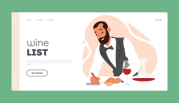 Wine List Landing Page Template. Sommelier Profession Concept, Steward Tasting Drinks Making Notes in Notebook. Male Character Tasting Alcohol Drinks in Winery Bar. Cartoon People Vector Illustration - Vektor, obrázek