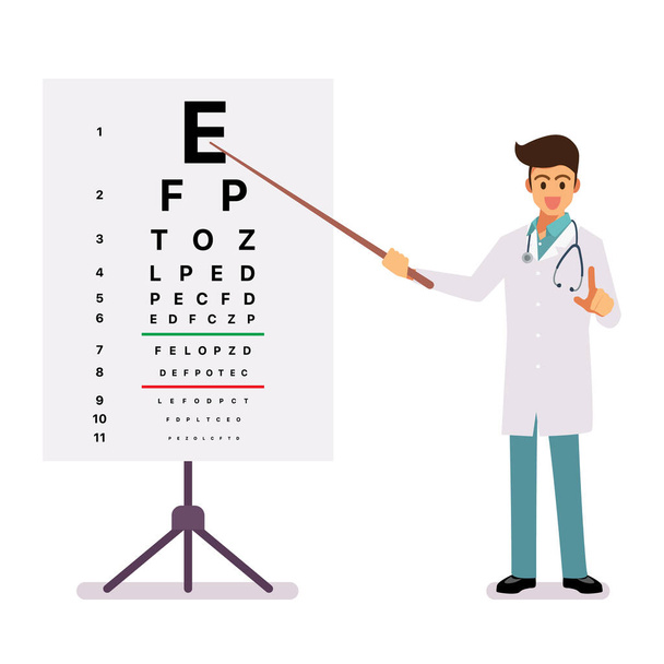 Οφθαλμολογικός γιατρός στέκεται κοντά στο διάγραμμα οφθαλμολογικών εξετάσεων. Οφθαλμικός πίνακας για οπτική εξέταση. Εικονογράφηση διανύσματος - Διάνυσμα, εικόνα