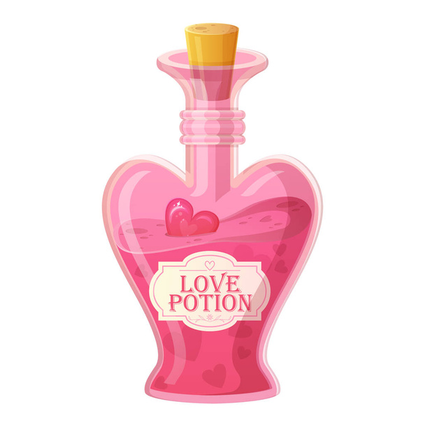 Розовая бутылка любовного зелья. Стеклянная бутылка в форме сердца с пробкой. Романтический эликсир, алхимия, икона игры rpg - Вектор,изображение