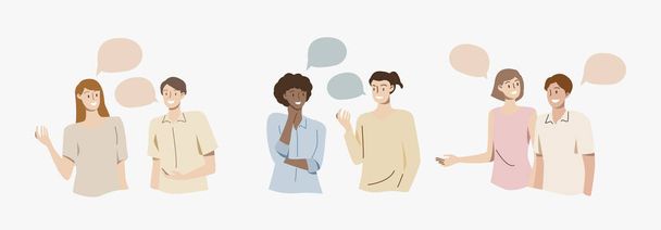 Set of people talking, telling or speaking. Communication concept.Couple chatting with speech bubbles.Men and women meeting.Dialogue between characters. - Vecteur, image