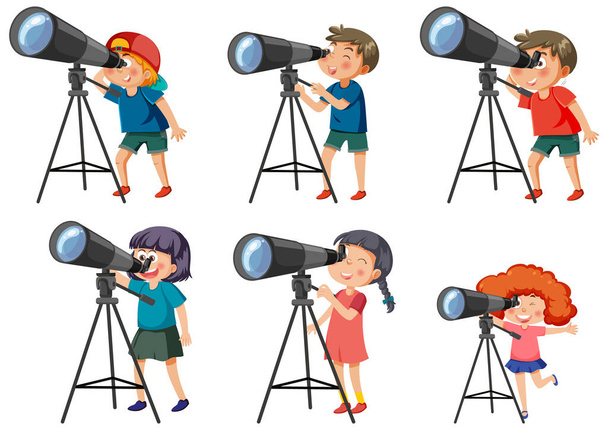Παιδιά που χρησιμοποιούν εικονογράφηση συλλογής τηλεσκοπίων - Διάνυσμα, εικόνα