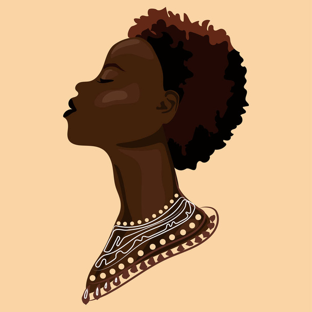 Beautiful African American woman with black curly hair on a monochrome beige background in modern style Vector illustration.Fashion portrait of Black strong girl profile view. Black beauty concept - Vettoriali, immagini