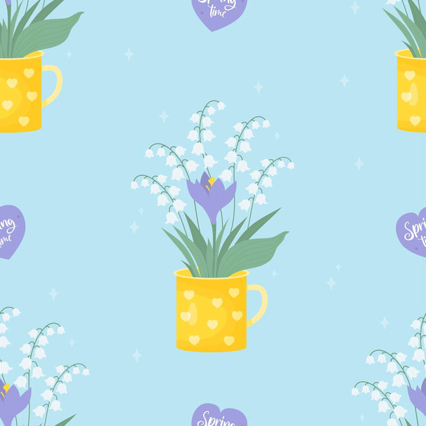 Floral romantic seamless pattern. White flowers May lilies of the valley and purple crocus in cup on blue background. Vector illustration. Spring pattern for design, packaging, wallpaper and decor - Vektor, kép