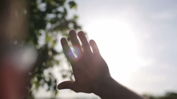 Sun's rays through fingers palm. Male. Slow motion - Video, Çekim