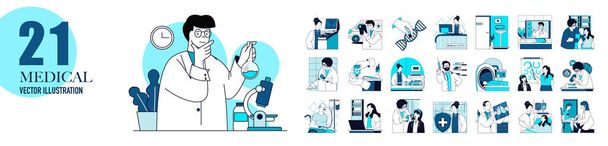Medical clinic and laboratory concept with character situations collection. Bundle of scenes people doing tests and research, doctor consultation and diagnosis. Vector illustrations in flat web design - Vektor, kép