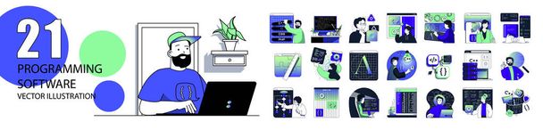 Programming software concept with character situations collection. Bundle of scenes people coding and testing, creating programs and apps, working IT industry. Vector illustrations in flat web design - Vetor, Imagem