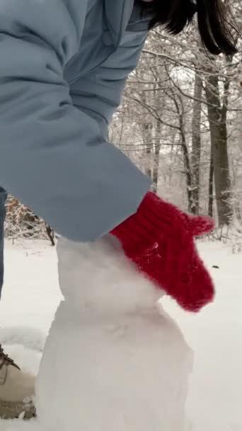 mujer haciendo muñeco de nieve de cerca rodando la bola de nieve - Metraje, vídeo