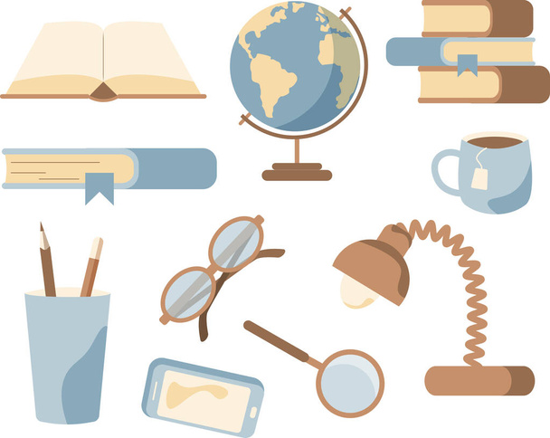 Set of office tools for education, writing utensils, globe, book, cup, eyeglasses drawing in flat style - Vector, Image