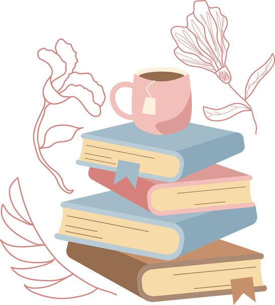 Composition with reading supply for education, cup of tea with plants and flowers drawing in outline style - Vector, Imagen