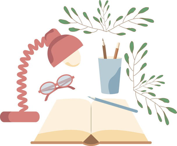 Composition with stationery supply for education and learning with plants, pencil, eyeglasses, books and drawing in flat style - Vetor, Imagem