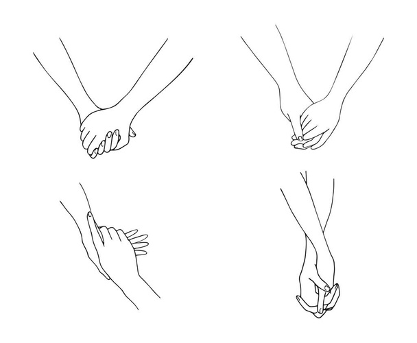 Hand drawn hands isolated on white background. Hand in hand. One line contour drawing. Outline holding hands. Hands of lovers. Vector illustration - Vektor, obrázek