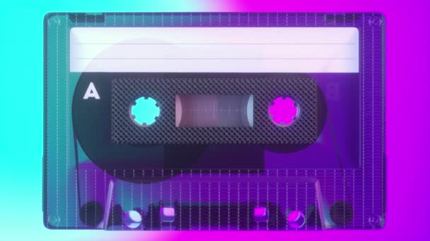 Rotating tape on an old vintage cassette. Retro music concept. Radio tape recorder, audio cassette. Vintage neon lighting. - Footage, Video