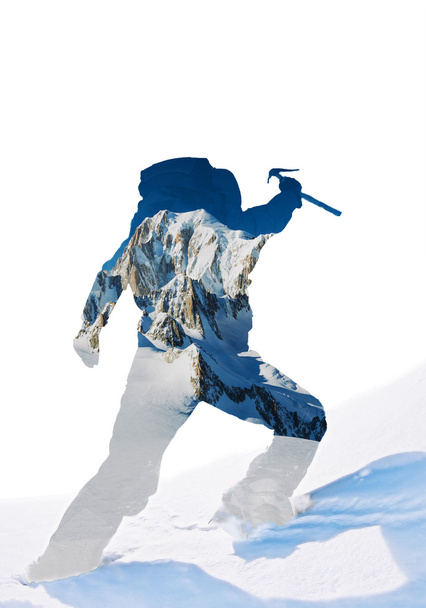 Dupla exposição: silhueta de um montanhista celebrando o golpe
 - Foto, Imagem