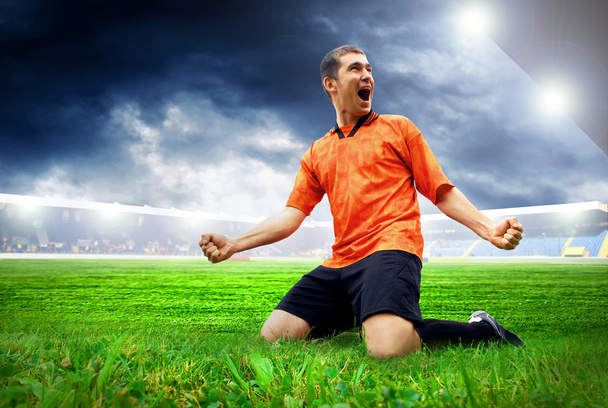 Happiness football player after goal on the field of stadium wit - 写真・画像