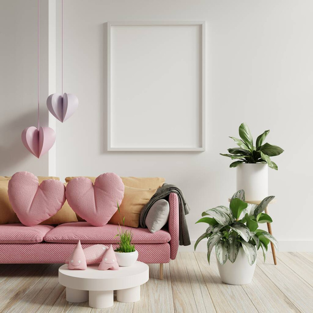 Mockup frame in the valentine's room with have sofa and home decor for valentine's day.3d rendering - Foto, Imagen