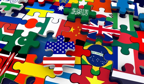 Flags Countries Nations Puzzle Pieces Angle Background 3d Illustration - Fotografie, Obrázek