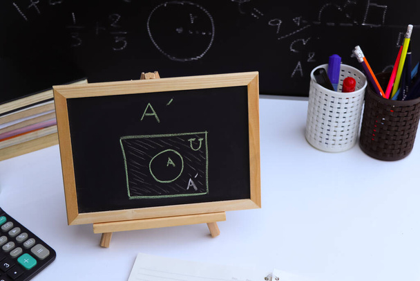 Blackboard with sample basic set hand written  and geometric shapes - Photo, image