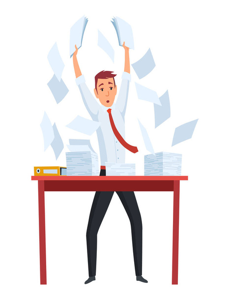 Office paperwork. Office worker with stack of documents. Concept man of office work with stress and overworking. Bureaucracy and overwork. - Vector, Image