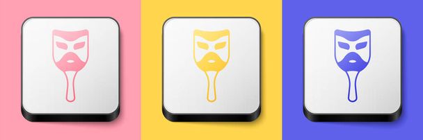 Isometric Carnival mask icon isolated on pink, yellow and blue background. Masquerade party mask. Square button. Vector - Vector, Image
