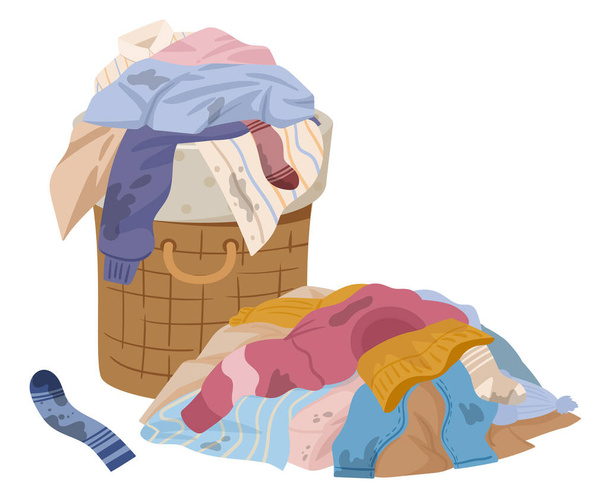 Cartoon dirty clothes. Laundry basket and stack of clean clothing flat vector illustration on white background - Vektör, Görsel