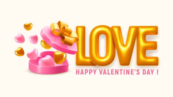 バレンタインデーグリーティングカードテンプレート。黄金の凸状の手紙愛、ハート型のピンクのオープンギフトボックスかわいい弓とそれから飛んで心を持ちます。ベクトル3Dリアルなイラスト - ベクター画像