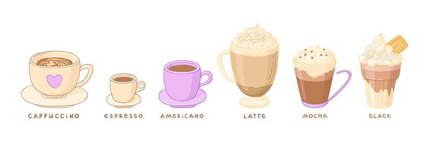 Set of different vector illustrations of coffee. Beautiful mugs with different types of coffee. Great for coffee shops, menu. - Vector, Imagen