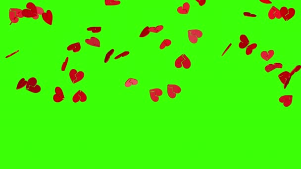 緑の画面の背景に赤い壊れた心の秋。3Dレンダリングアニメーション。バレンタインデーと結婚式のためのビデオ効果。緑の画面だ。心の雨. - 映像、動画