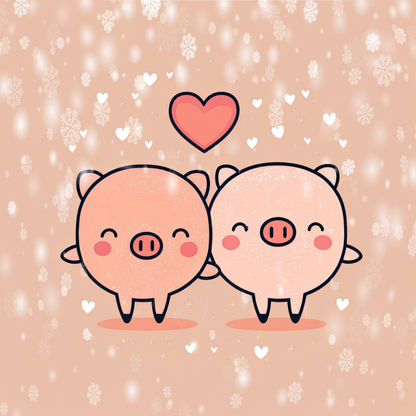 two happy pigs in the snow, illustration perfect for valentine's day cards, greetings, holidays, celebrations, journals and stickers - Foto, Imagem