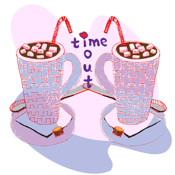time out two cups of cocoa for lovers with marmeshou in lilac colors, spring has come, illustration, vector, isolate - Vector, Image