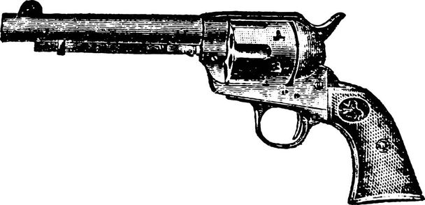 Single Action Colt Frontier Army Revolver, Vintage Engraving. Old engraved illustration of a Colt Frontier Army Revolver isolated on a white background. - Vector, afbeelding