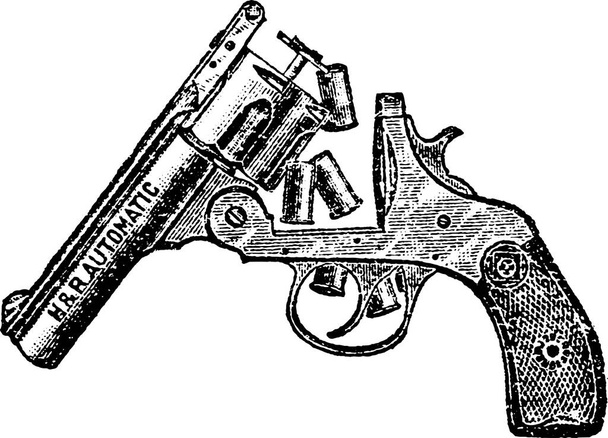 38-Caliber Automatic Harrington and Richardson Open Revolver with Bullet Casings, Vintage Engraving. Old engraved illustration of a Harrington and Richardson Open Revolver with Bullet Casings isolated on a white background. - Wektor, obraz