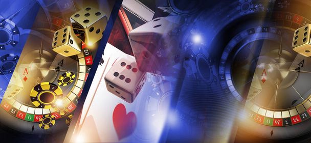 Κομμένο Las Vegas Casino Collage Concept. Παιχνίδια σαν ένα χορηγούνται ληστές Κουλοχέρηδες, Ρουλέτα Wheel και Ζάρια. 3D απόδοση εικονογράφησης. - Φωτογραφία, εικόνα