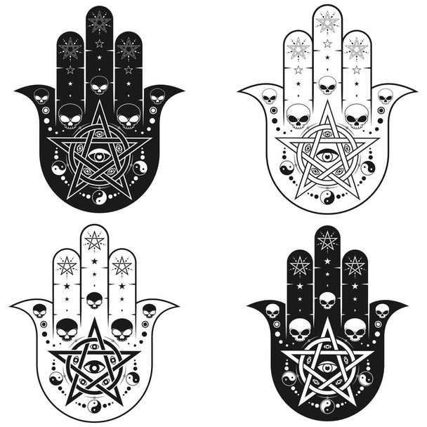 Hamsa symbol vector design with pentagram and skulls, hand of fatima symbol, illustration of Jamsa with god's eye - Vector, imagen