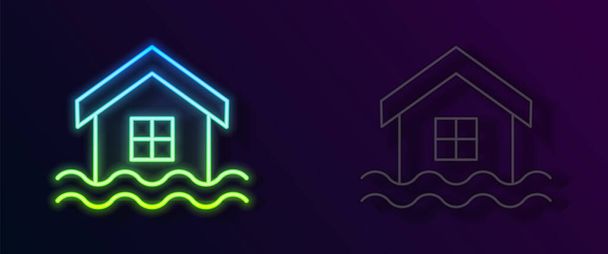 Ragyogó neon vonal Ház árvíz ikon elszigetelt fekete háttérrel. Elöntötte a víz az otthont. Biztosítási koncepció. Biztonság, biztonság, védelem, védelem. Vektor - Vektor, kép