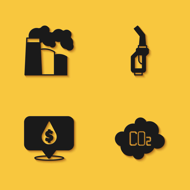 Set Oil and gas industrial factory, CO2 emissions cloud, drop with dollar symbol and Gasoline pump nozzle icon with long shadow. Vector - Vector, afbeelding