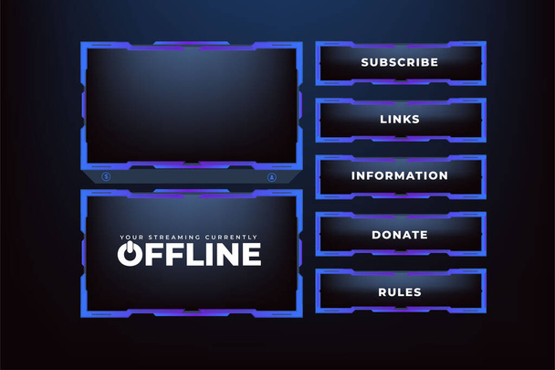 Online user interface design with dark blue color. Simple gaming screen panel and overlay design with offline screen vector. Live streaming overlay and the broadcast border with abstract shapes. - Vektör, Görsel