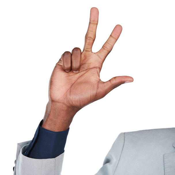 Business man, hand and number three sign isolated on white background for communication. Hands of male entrepreneur show signal, emoji or gesture to countdown for success, sale or time in studio. - Foto, Bild
