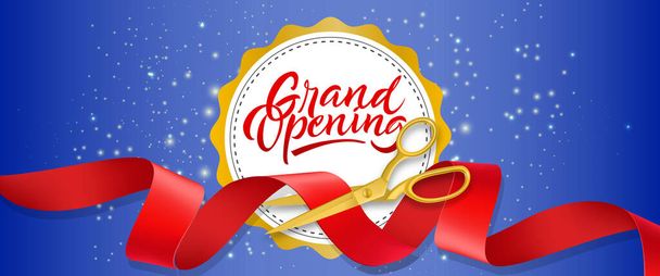 Grand opening blue sparkling banner design with text on white circle and gold scissors cutting red ribbon. Template can be used for signs, announcements, posters. - Vector, Image