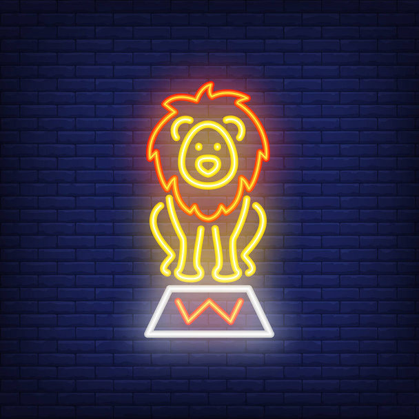 Circus lion neon icon. Trained wild animal on stand on dark brick wall background. Night bright advertisement. Vector illustration in neon style for performance poser or toy shop - Vektör, Görsel